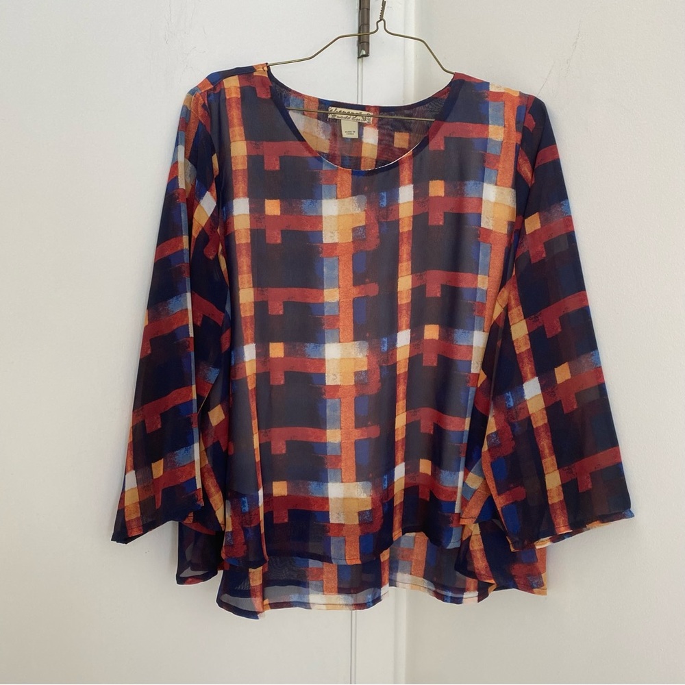 Academia Orange Blue Plaid Tartan Top Sheer Sleeves Flounce Layered Hem Abstract